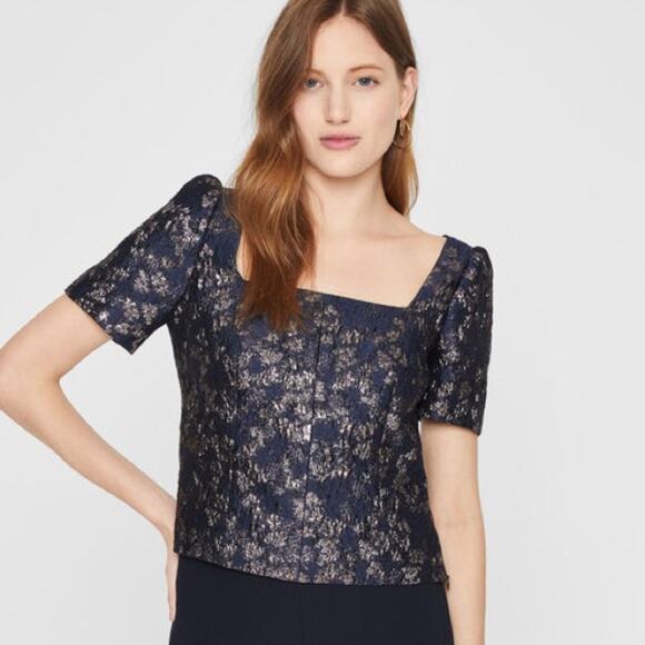 Club Monaco NWT Navy Blue Metallic Brocade Puff Sleeve Top Short Sleeve Size 12 - Picture 1 of 9